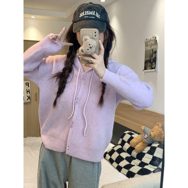 Button-Up Cardigan Hooded Plain