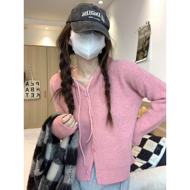 Button-Up Cardigan Hooded Plain