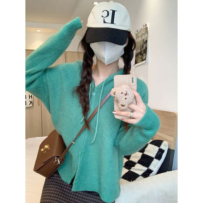 Button-Up Cardigan Hooded Plain