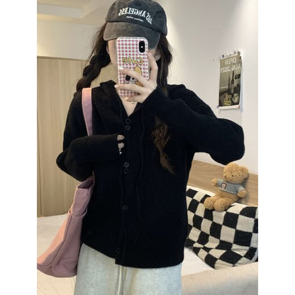 Button-Up Cardigan Hooded Plain