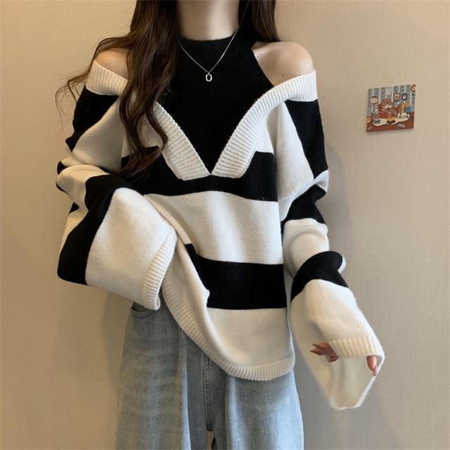 Two-Piece Sweater Striped Mock Long-Sleeve
