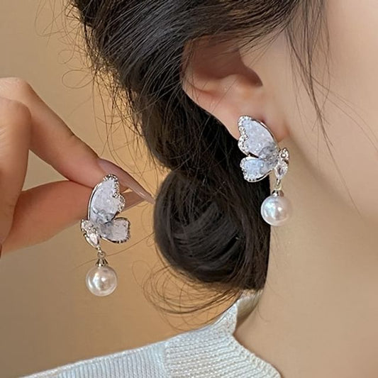 Crystal Faux Pearl Drop Alloy Earring Butterfly
