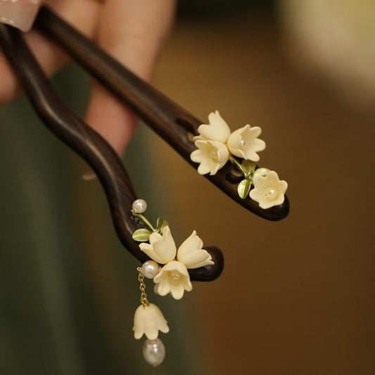 Floral Acetate Faux Pearl Wooden Hair Stick (Various Designs)