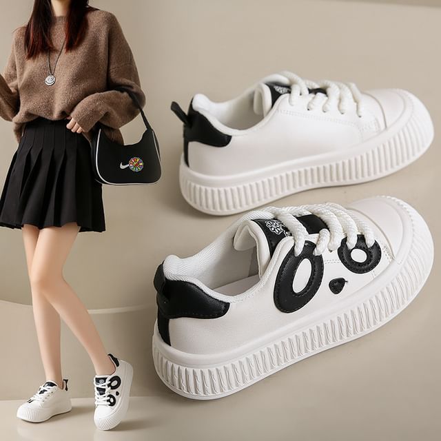 Panda Embroidered Lace-Up Platform Sneakers