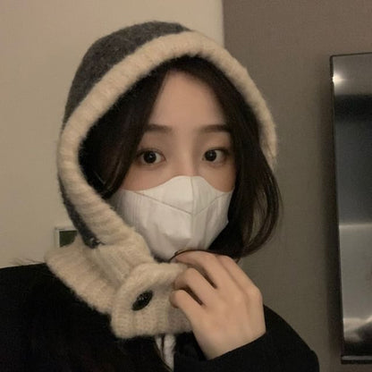 Two Tone Knit Buttoned Balaclava