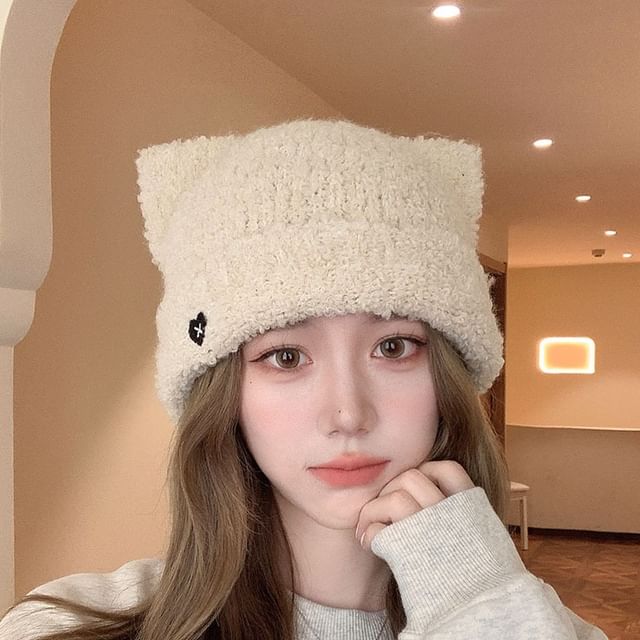 Heart Embroidered Cat Ear Knit Beanie