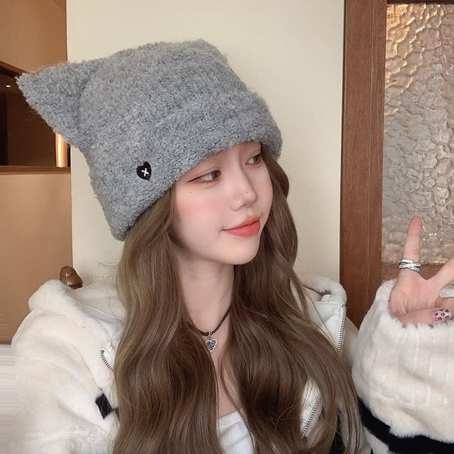 Heart Embroidered Cat Ear Knit Beanie