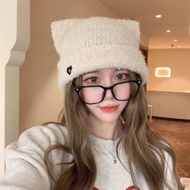 Heart Embroidered Cat Ear Knit Beanie