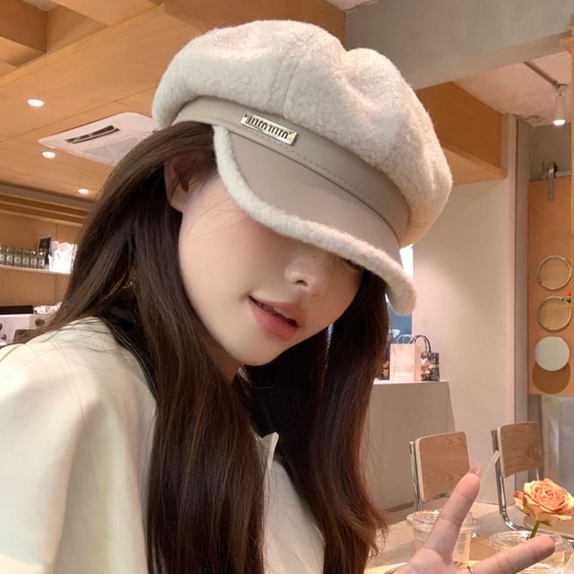 Faux Cap Panel Fleece Leather Newsboy