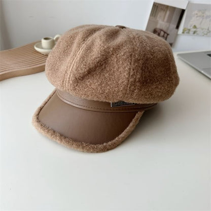Faux Cap Panel Fleece Leather Newsboy