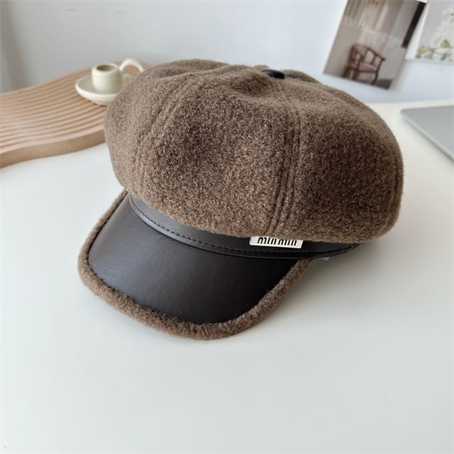 Faux Cap Panel Fleece Leather Newsboy