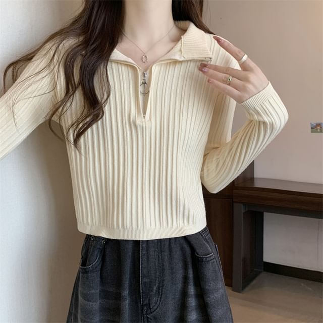 Long-Sleeve Zip Plain Slim-Fit Top Mock-Neck Knit Half