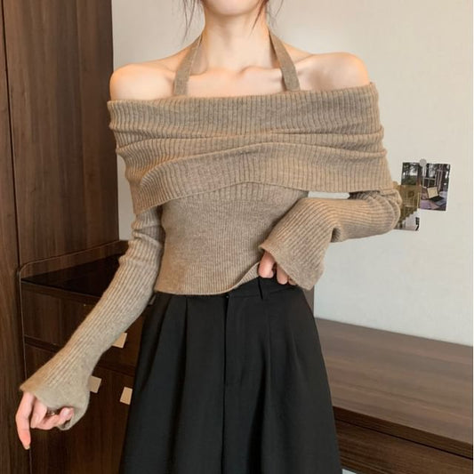 Off-Shoulder Long-Sleeve Sweater Halter
