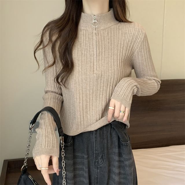 Long-Sleeve Zip Plain Slim-Fit Top Mock-Neck Knit Half