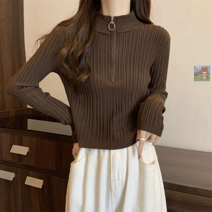 Long-Sleeve Zip Plain Slim-Fit Top Mock-Neck Knit Half