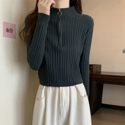 Long-Sleeve Zip Plain Slim-Fit Top Mock-Neck Knit Half