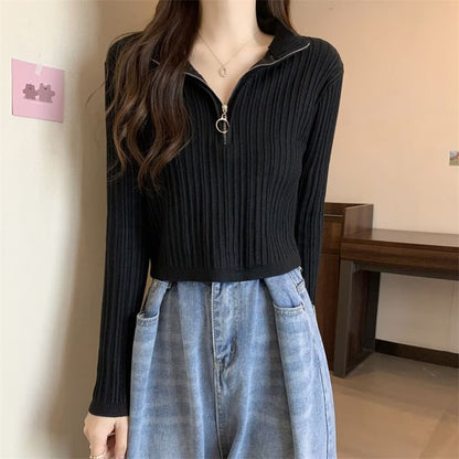 Long-Sleeve Zip Plain Slim-Fit Top Mock-Neck Knit Half