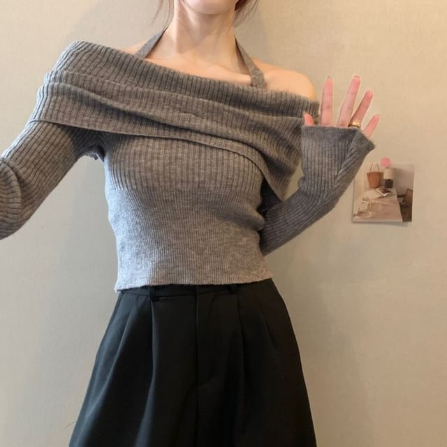 Off-Shoulder Long-Sleeve Sweater Halter