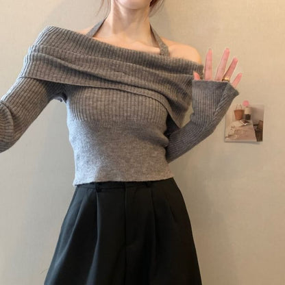 Off-Shoulder Long-Sleeve Sweater Halter