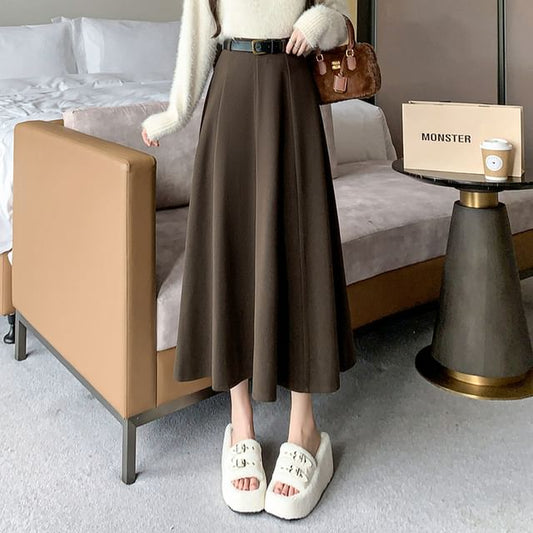 High-Waist Plain Woolen A-Line Skirt