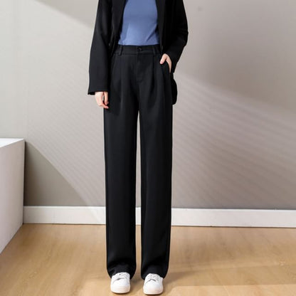 High-Waist Plain Loose Fit Straight Leg Dress Pants