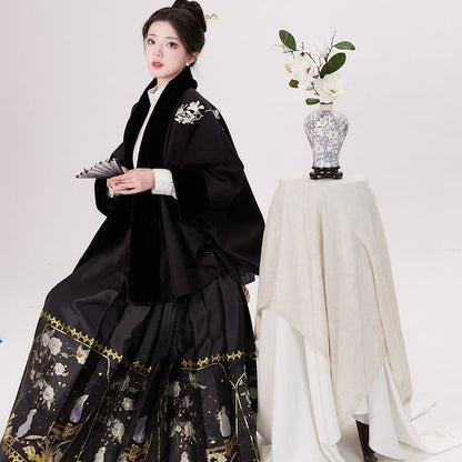 Traditional Chinese Embroidered Open Front Cape / High Waist Maxi A-Line Skirt / Long-Sleeve Blouse / Set