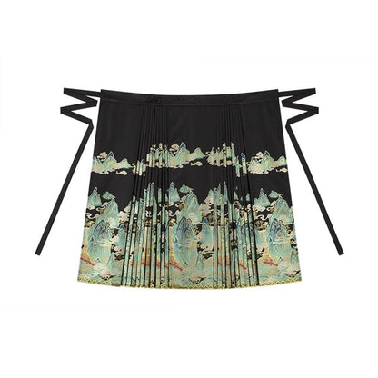 Traditional Chinese Long-Sleeve Print Shirt / High Waist Pleated Skirt