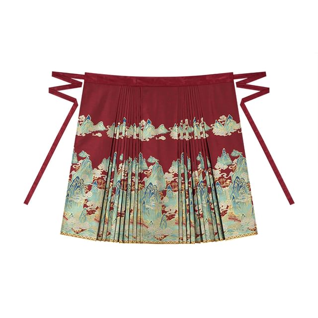 Traditional Chinese Long-Sleeve Print Shirt / High Waist Pleated Skirt