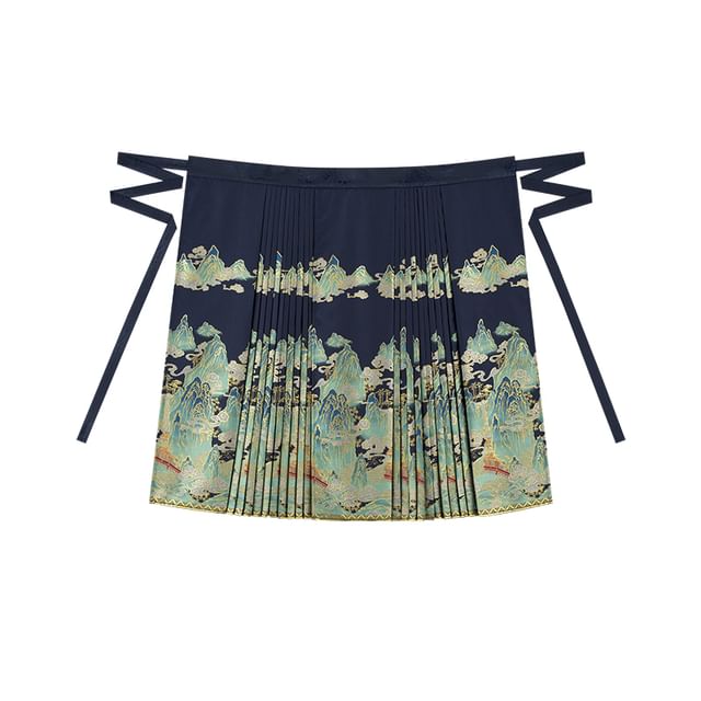 Traditional Chinese Long-Sleeve Print Shirt / High Waist Pleated Skirt