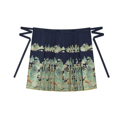 Traditional Chinese Long-Sleeve Print Shirt / High Waist Pleated Skirt