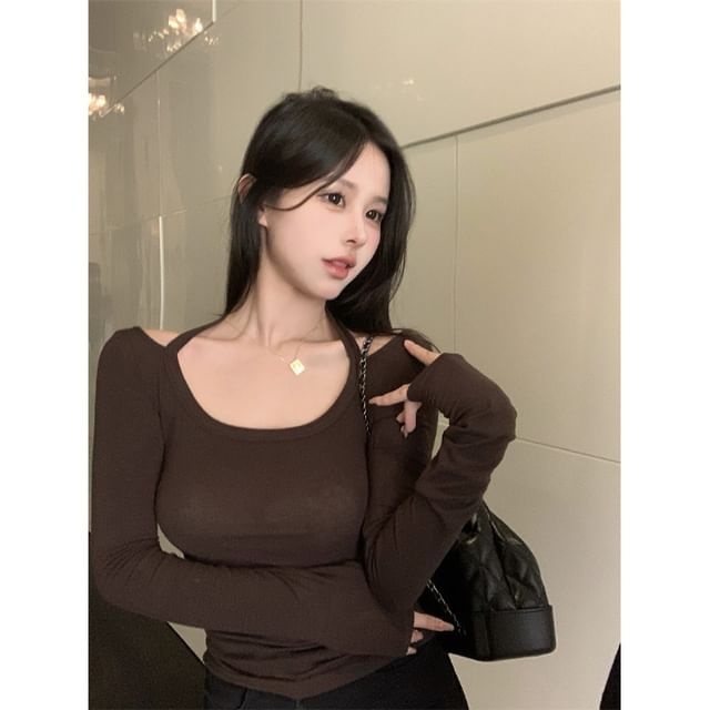 Crop Cold-Shoulder Plain T-Shirt Long-Sleeve