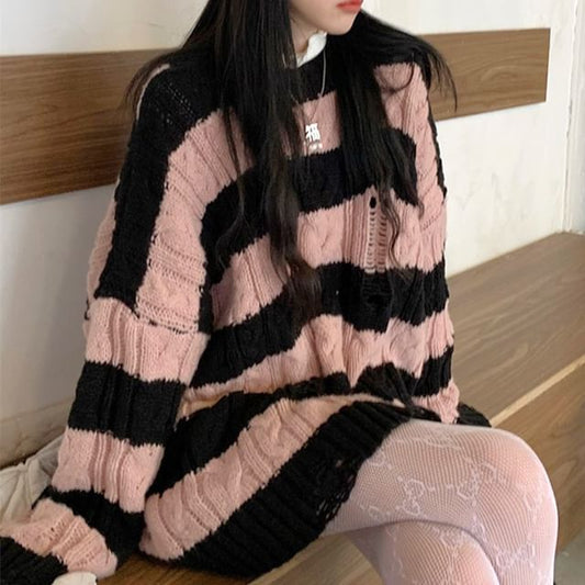 Distressed Knit Cable Sweater Crew Striped Neck