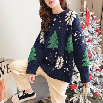 Sweater Tree Crew Neck Christmas Jacquard