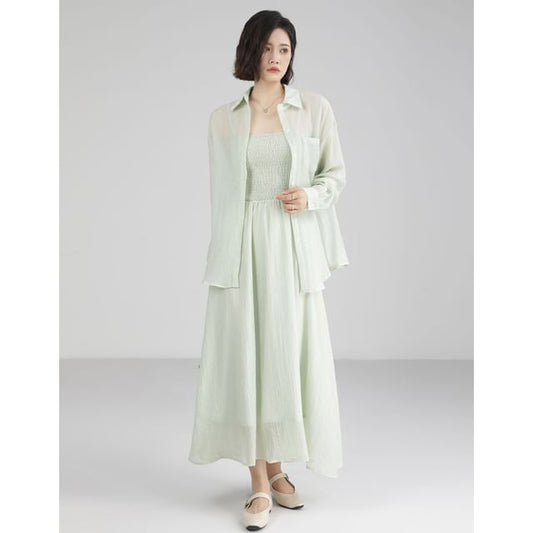 Long-Sleeve Plain Shirt / Spaghetti Strap Plain Maxi A-Line Dress