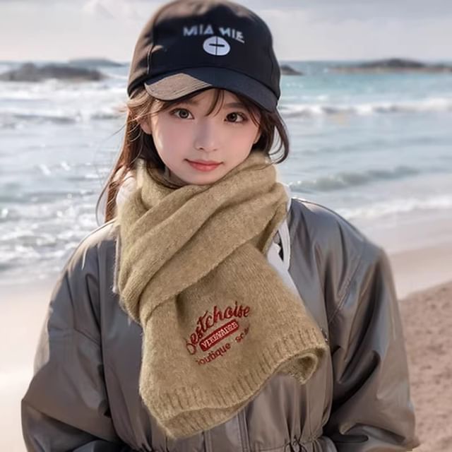 Scarf Embroidered Lettering Knit