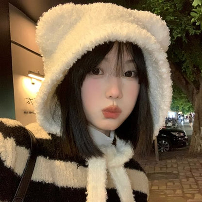 Chenille Hat Bonnet Bear Ear