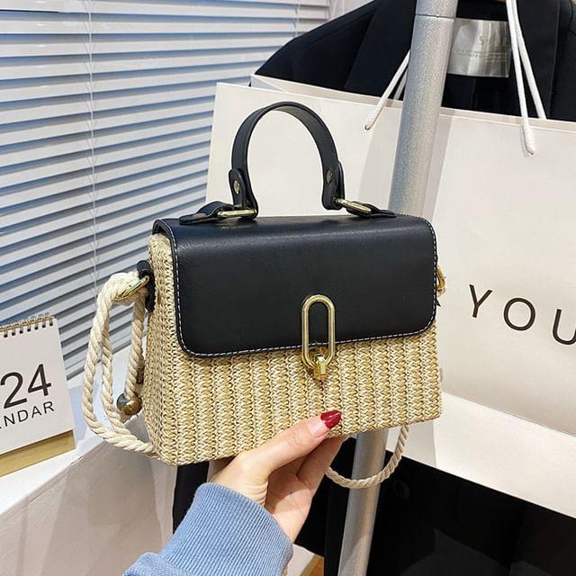 Faux Crossbody Panel Woven Bag Leather