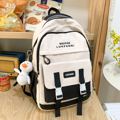 Lettering Paneled Buckled Backpack / Duck Charm / Set