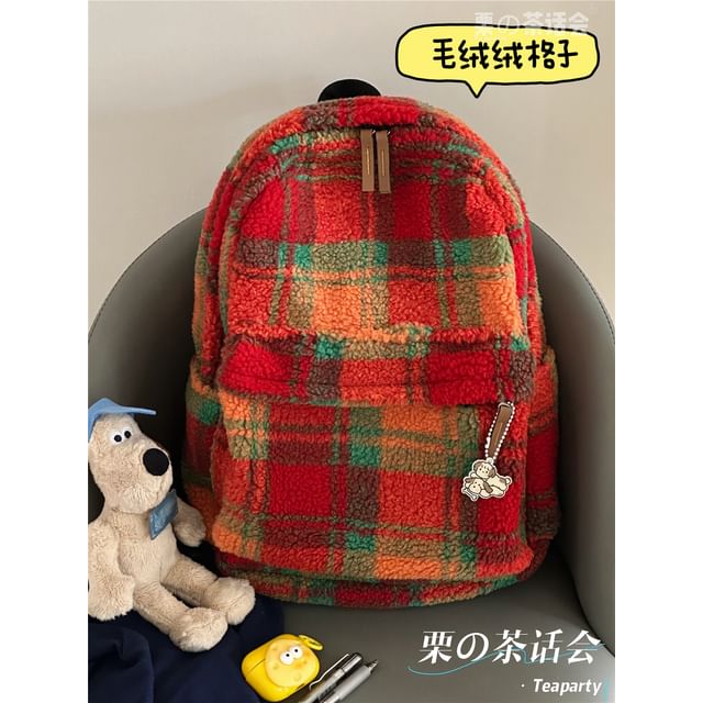 faux Shearling Plaid Backpack / Charm / Set