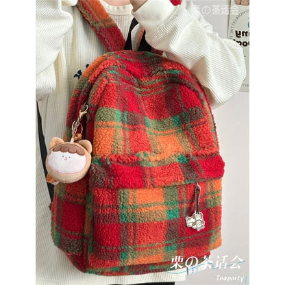 faux Shearling Plaid Backpack / Charm / Set