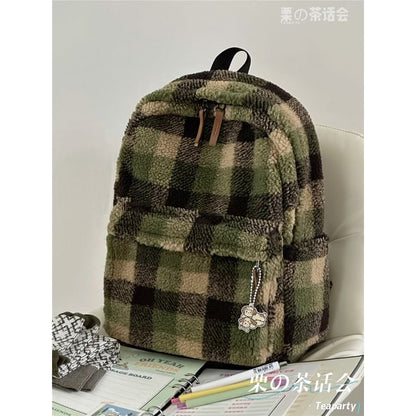 faux Shearling Plaid Backpack / Charm / Set