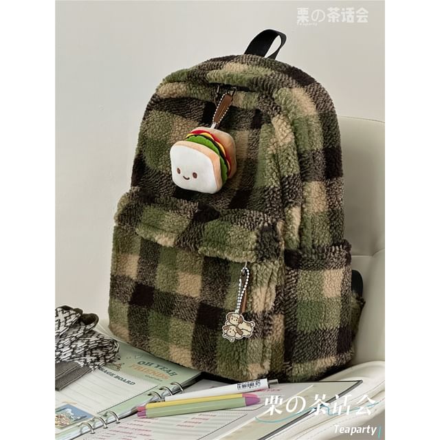 faux Shearling Plaid Backpack / Charm / Set