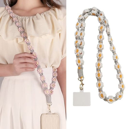 Lanière de téléphone tissée à motif floral avec coussinet de lanière