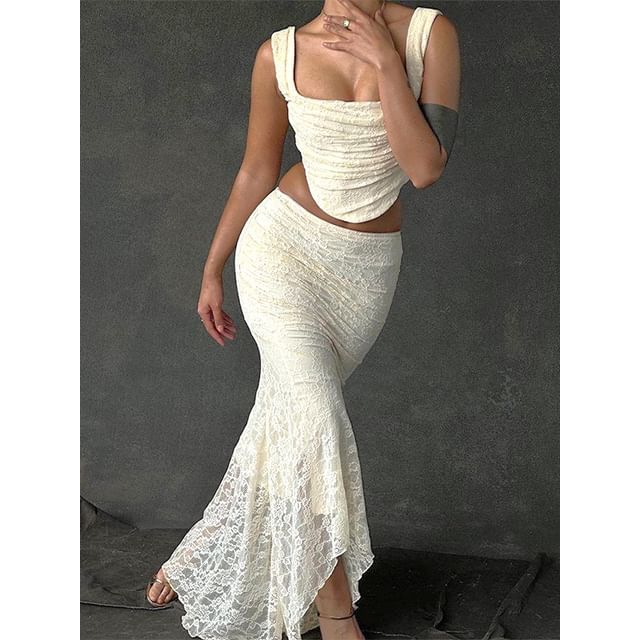 Lace Plain Crop Tank Neck / Waist Top Maxi High Skirt Square Mermaid