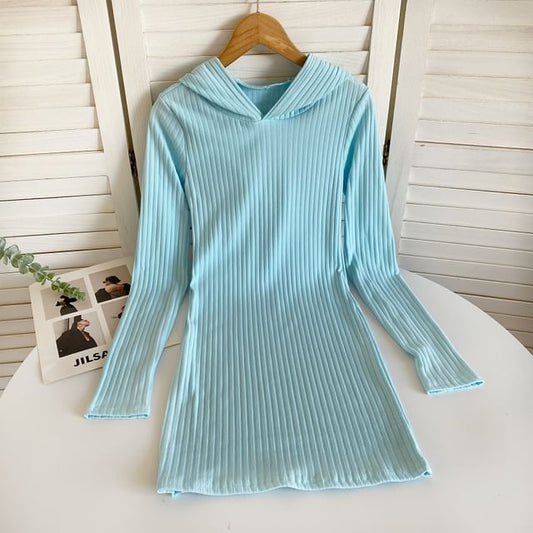 Long-Sleeve Plain Hooded Knit Sheath Dress