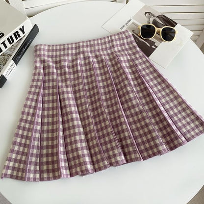 High Waist Plaid Pleated Mini A-Line Knit Skirt