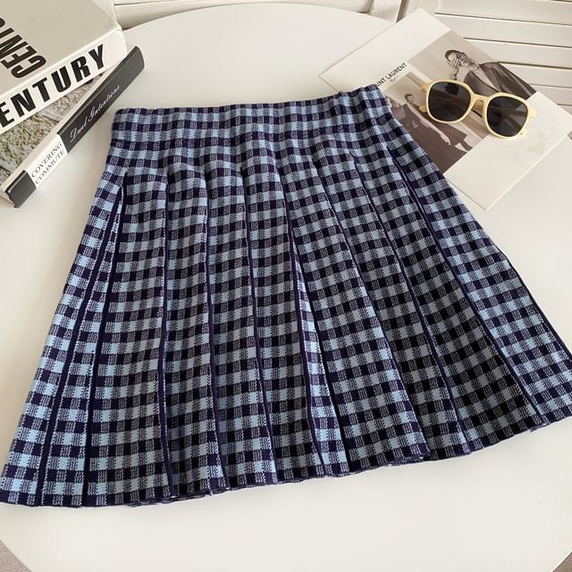 High Waist Plaid Pleated Mini A-Line Knit Skirt