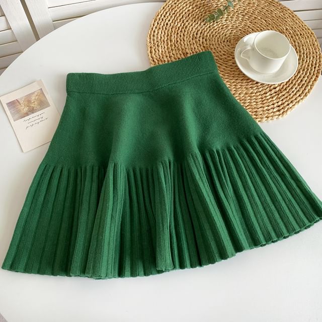 Elastic Waist Plain Accordion Pleated Mini A-Line Knit Skirt