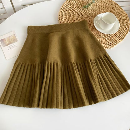 Elastic Waist Plain Accordion Pleated Mini A-Line Knit Skirt