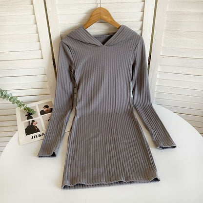 Long-Sleeve Plain Hooded Knit Sheath Dress